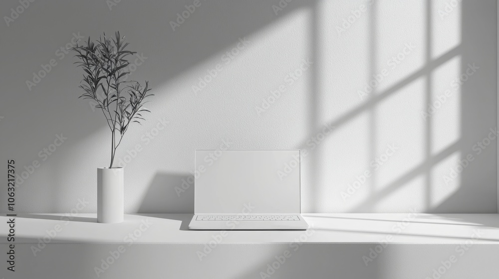 Minimalist White Desk with Laptop and Plant Minimalist White Desk with Laptop and Plant