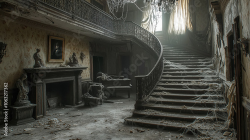 Abandoned mansion with grand staircase and cracked walls