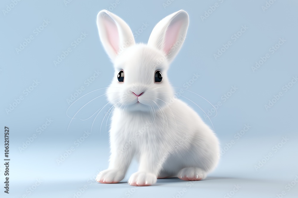 Adorable white bunny rabbit sitting on a light blue background. Adorable white bunny rabbit sitting on a light blue background.