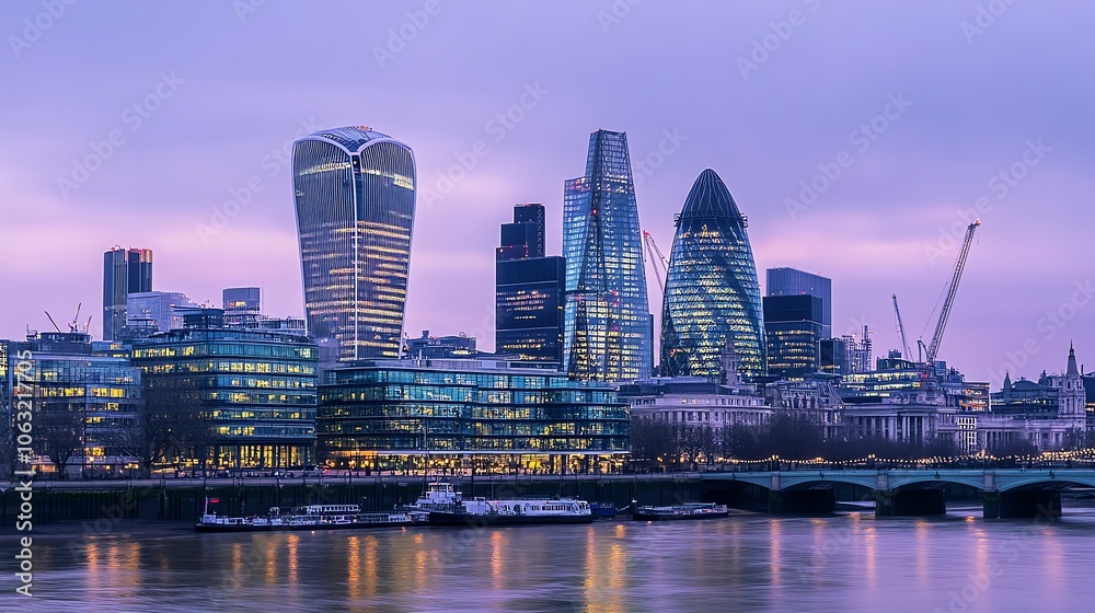 The London skyline at dusk with a river in the foreground.