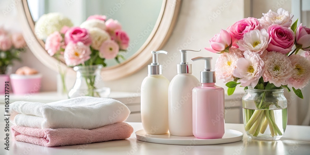 Pink and White Bathroom Essentials on a White Countertop, Bathroom Decor, Spa Products, Home Decor ,bathroom ,spa ,essentials