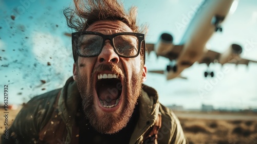 A man with glasses yells as an airplane flies low over him, with debris swirling through the air, reflecting tension, surprise, and the chaos of a close encounter. photo