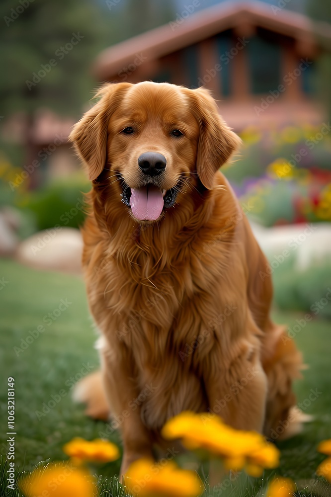 Golden Retriever Sitting in Garden with Flowers. Golden Retriever Sitting in Garden with Flowers.
