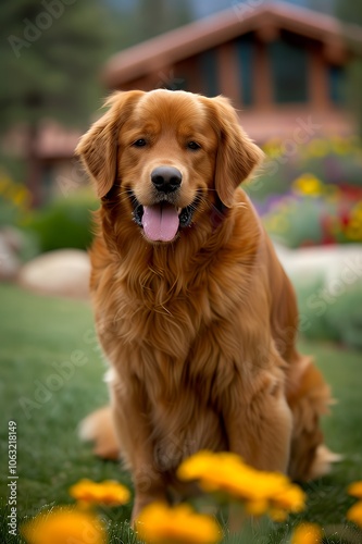 Golden Retriever Sitting in Garden with Flowers.