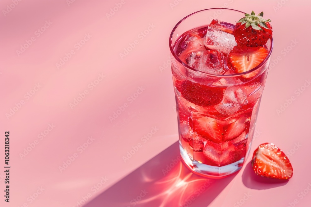 A Glass of Strawberry-Infused Water with Ice on a Pink Background A Glass of Strawberry-Infused Water with Ice on a Pink Background