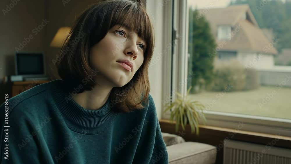 Woman, thoughtful and gazing out window in cozy home for introspection, solitude and emotional reflection. Young adult and pensive expression for calm, mental health and quiet moment Woman, thoughtful and gazing out window in cozy home for introspection, solitude and emotional reflection. Young adult and pensive expression for calm, mental health and quiet moment