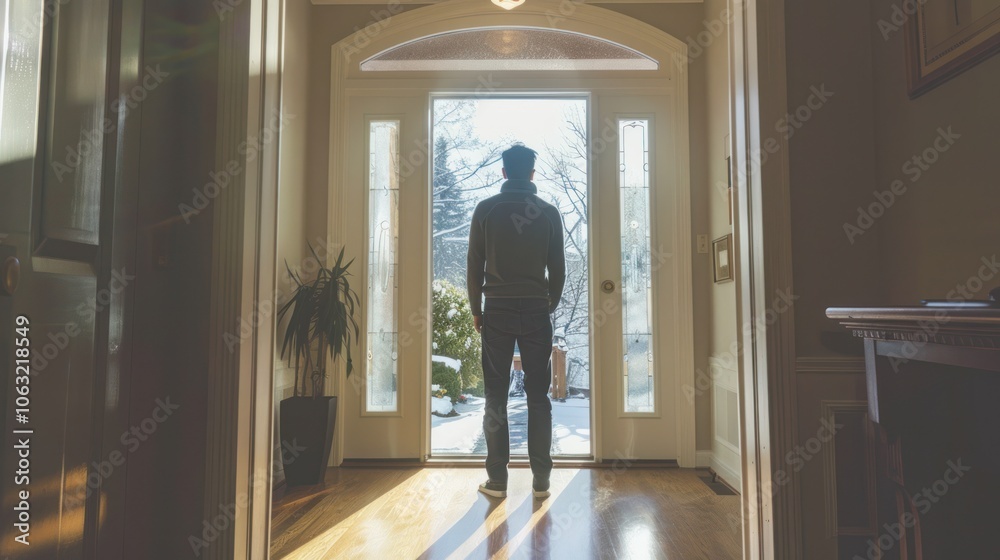 Person standing at the threshold of a new home, ready to start a new chapter Person standing at the threshold of a new home, ready to start a new chapter