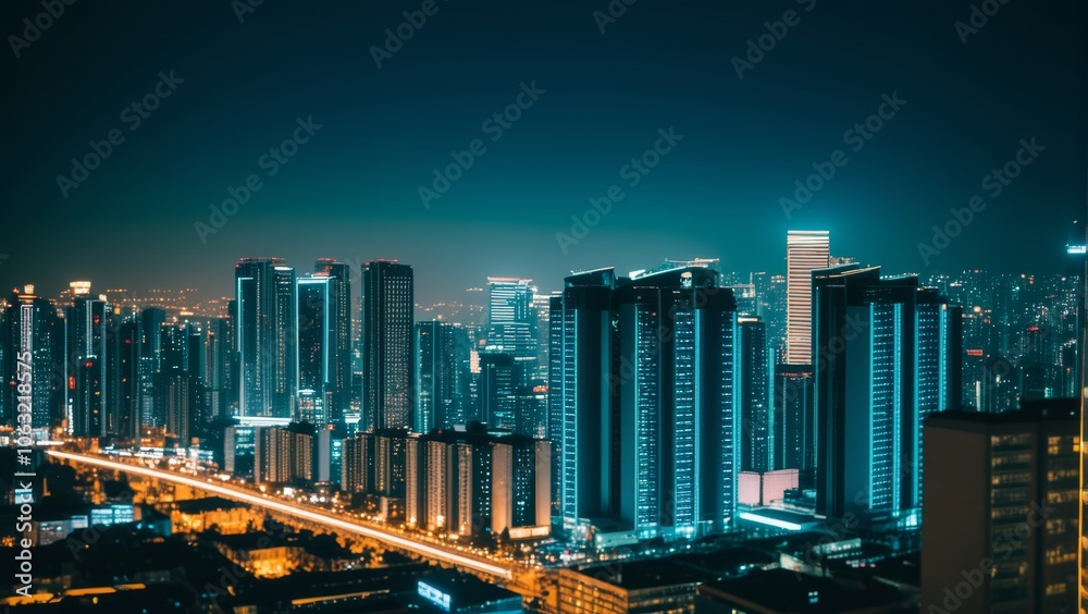 Fototapeta premium Vibrant nightscape of a modern city with illuminated skyscrapers and lively streets