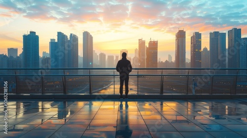 Person standing on a bridge, looking out at a new city, symbolizing a fresh start