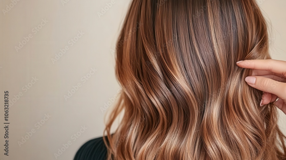 A close-up view of long, wavy hair with a rich blend of brown and blonde colors, showcasing a stylish, textured look.