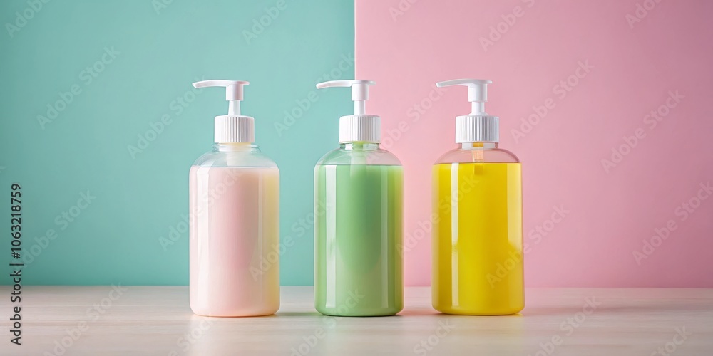 Three Bottles of Colorful Liquid on a Wooden Table, Pink and Green Background, Minimalist Product Photography, Bottle Mockup, Liquid Soap, Bathroom Product, Beauty Product Three Bottles of Colorful Liquid on a Wooden Table, Pink and Green Background, Minimalist Product Photography, Bottle Mockup, Liquid Soap, Bathroom Product, Beauty Product