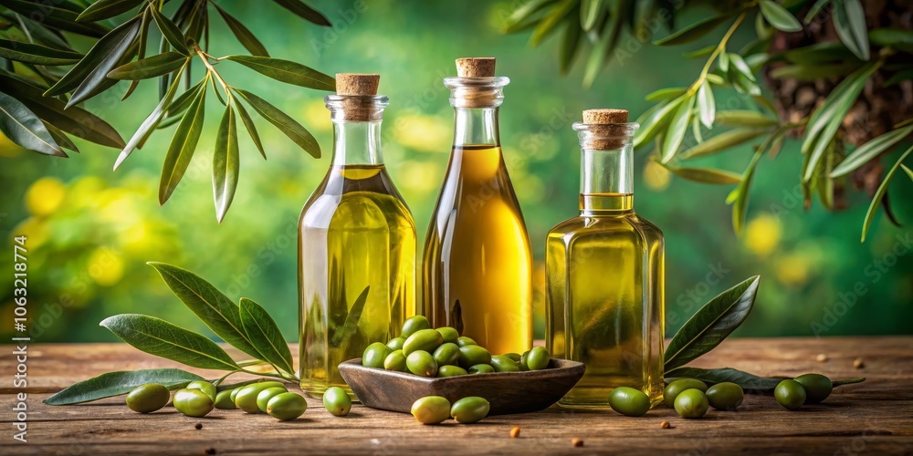 Three Bottles of Olive Oil with Green Olives and Leaves, Olive Oil, Green Olives, Natural Three Bottles of Olive Oil with Green Olives and Leaves, Olive Oil, Green Olives, Natural