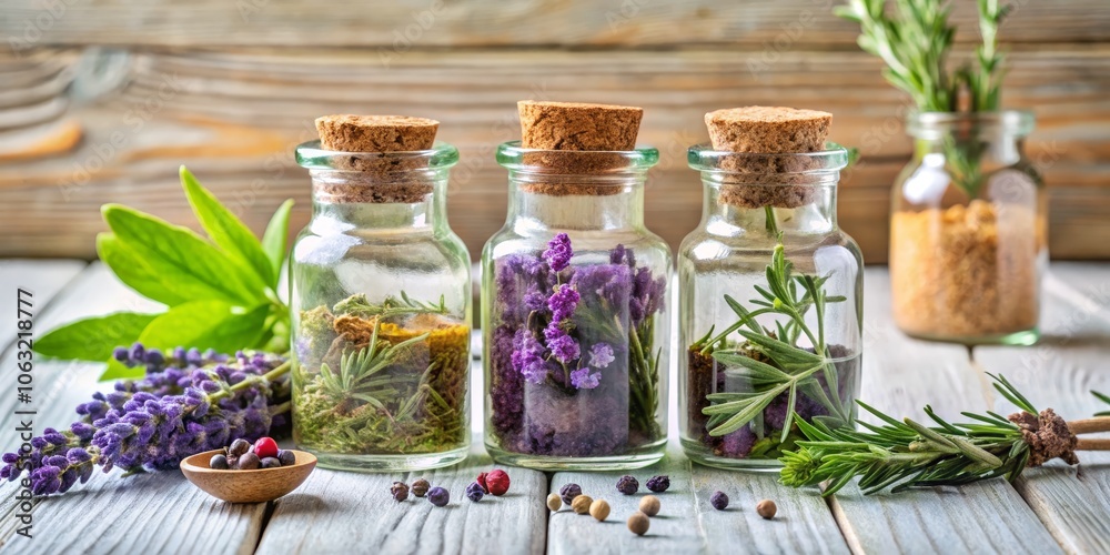 Three Glass Bottles Filled with Dried Herbs and Flowers on Rustic Wooden Background, Herbalism, Botany, Aromatic Herbs Three Glass Bottles Filled with Dried Herbs and Flowers on Rustic Wooden Background, Herbalism, Botany, Aromatic Herbs