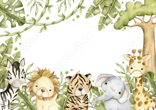 Photography Safari watercolor hand-drawn illustration, frame with baby elephant, lion, tiger