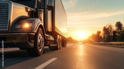 A large truck zooms down the highway under a breathtaking sunset, its metallic surface shining in the warm glow while a car follows closely in the opposite lane.