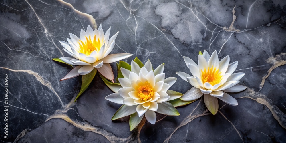 Obraz premium Three White Water Lilies on Black Marble, Close Up, Floral Still Life, Water Lily, Marble, Floral Photography