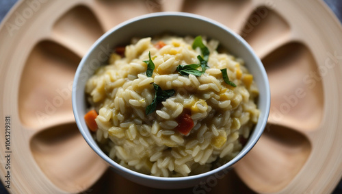 Creamy Risotto in White Bowl with Fresh Herbs