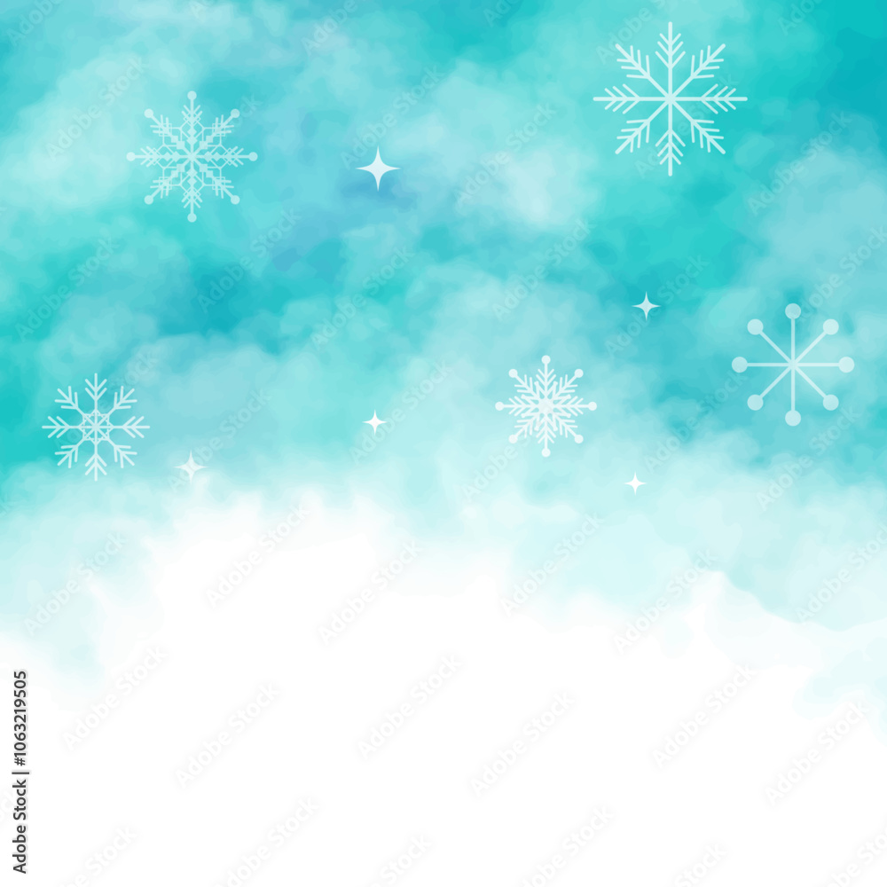 水彩ブルーと雪の結晶の冬の背景フレーム素材 ベクターイラスト テキスト無し 正方形 手描き 余白 水彩ブルーと雪の結晶の冬の背景フレーム素材 ベクターイラスト テキスト無し 正方形 手描き 余白