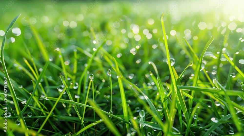 Morning dew on fresh green grass, symbolizing the freshness of a new start Morning dew on fresh green grass, symbolizing the freshness of a new start