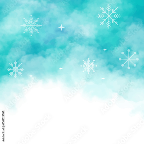 水彩ブルーと雪の結晶の冬の背景フレーム素材　ベクターイラスト　テキスト無し　正方形　手描き　余白