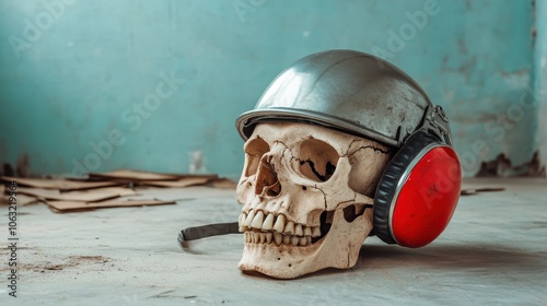 A skull adorned with a classic helmet and red earmuffs sits on a textured floor, symbolizing a blend of old-world resilience and modern convenience.