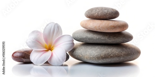 Zen Stones and Plumeria Flower, White Background, Spa, Relaxation, Tranquility, spa, zen