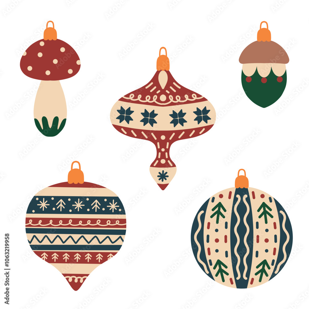 Collection of multi-colored Christmas balls. Christmas tree decor. Illustration for postcard, banner, poster. Toys made of green, yellow, red, blue, beige glass. Collection of multi-colored Christmas balls. Christmas tree decor. Illustration for postcard, banner, poster. Toys made of green, yellow, red, blue, beige glass.