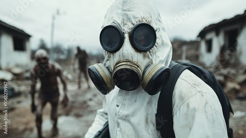 A figure in a hazmat suit and gas mask stands in a barren landscape, suggesting themes of protection, environmental hazard, and desolation. photo