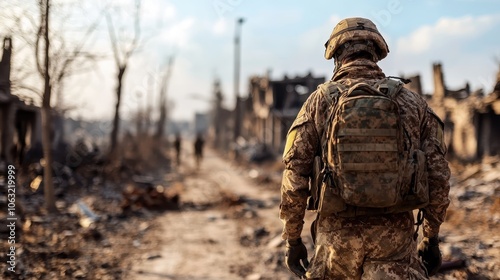 A soldier carries a backpack as he surveys the aftermath of a battle in a ruined urban environment, reflecting themes of loss, responsibility, and endurance.