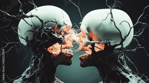 Abstract artwork depicting two skulls fused with tree branches intermingling in an ethereal scene, illustrating themes of connection and duality. photo