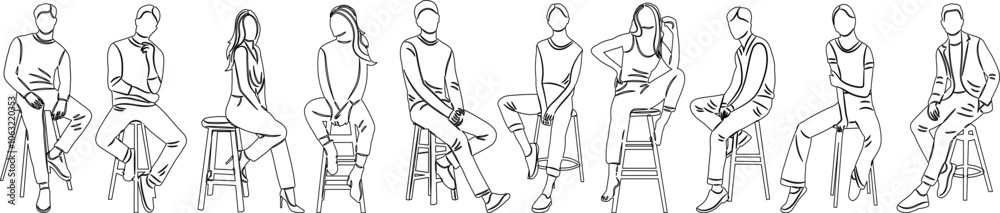 set of people sitting sketch, outline on white background, vector set of people sitting sketch, outline on white background, vector