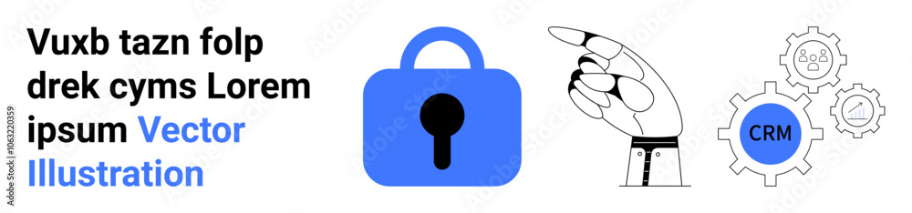 Technologies array depicting robotic hand pointing at blue security lock next to CRM gears. Ideal for cybersecurity, CRM marketing, tech development, security software, innovation workshops, business Technologies array depicting robotic hand pointing at blue security lock next to CRM gears. Ideal for cybersecurity, CRM marketing, tech development, security software, innovation workshops, business