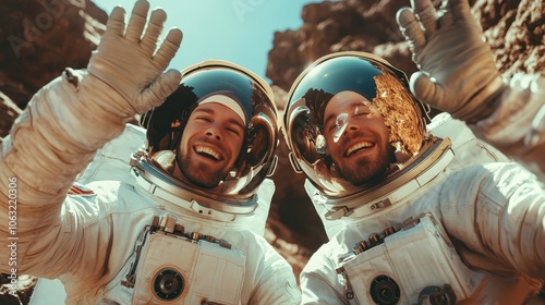 Two astronauts wearing suits joyfully wave on a rocky surface, under the bright sun, symbolizing exploration, adventure, and human curiosity in outer space. photo