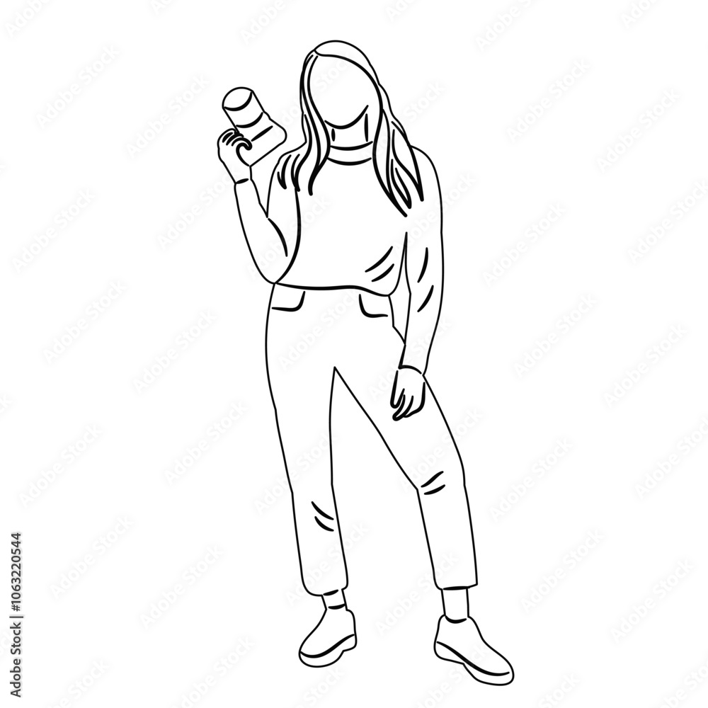 Fototapeta premium woman with camera sketch, outline on white background, vector