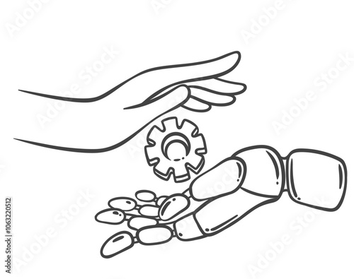 Human and AI assistant hand holding gear together line icon. Outline hand drawn sketch of user and AI synergy. Artificial intelligence, workflow mascot, automatic process icon vector illustration