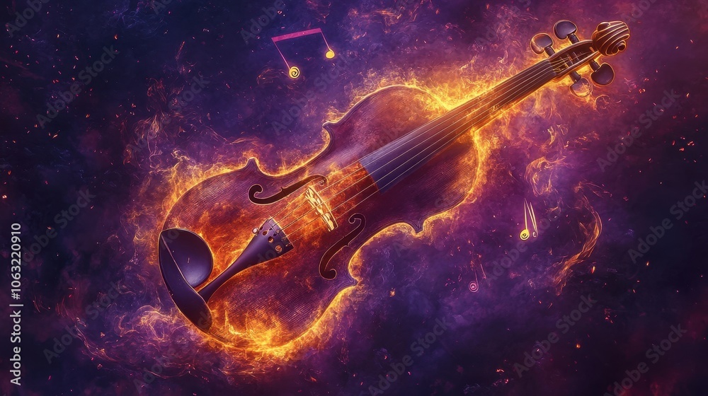 Fototapeta premium A burning violin with flames that spiral and form musical notes in the air
