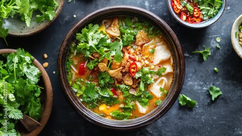 A mouthwatering bowl of nem nuong soup, rich in color photo