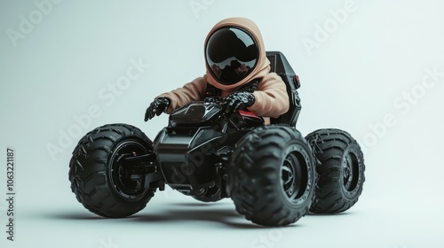 A small, futuristic vehicle is piloted by a figure in a hooded suit, set against a minimalist background, demonstrating cutting-edge design and technology. photo