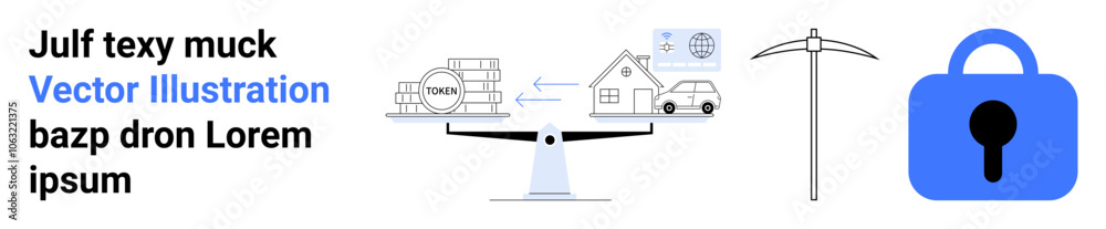 Tax balance scale, home and car icon with network, pickaxe, and blue lock. Ideal for finance, real estate, cybersecurity, technology integration, infrastructure, digital security, network Tax balance scale, home and car icon with network, pickaxe, and blue lock. Ideal for finance, real estate, cybersecurity, technology integration, infrastructure, digital security, network