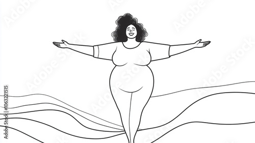 Back and white illustration featuring a plus size woman with curly hair joyfully jumping into the air. She has a big smile on her face, with her hands raised above her head
