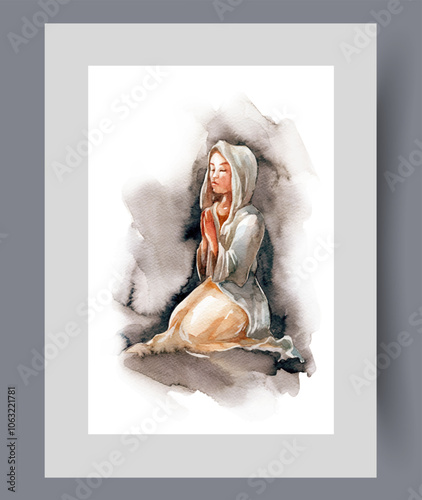 Woman with veil on head prays to god, kneeling in dark on print. Watercolor poster. Artwork with christian girl praying with palms folded in front of chest, in frame with decor for wall art