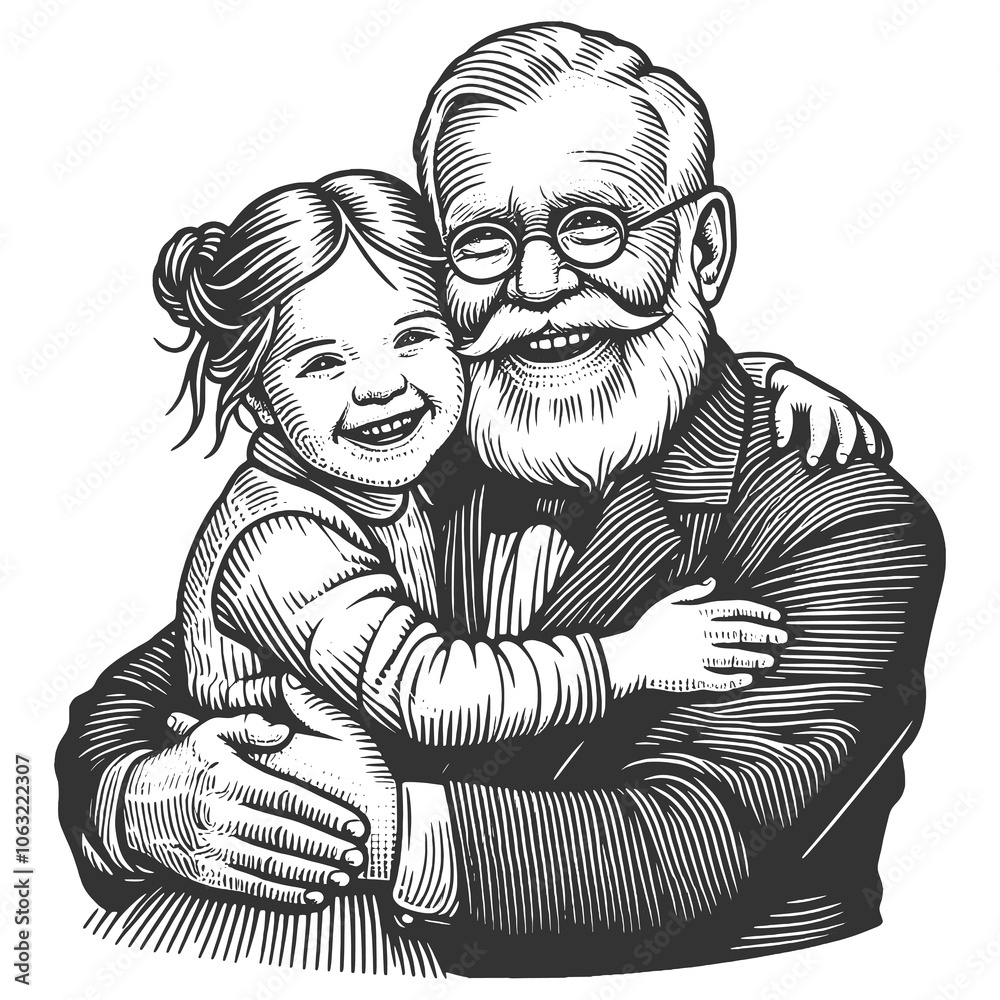 joyful grandfather embracing his smiling granddaughter, family love and generational bonds sketch engraving generative ai raster illustration. Scratch board imitation. Black and white image joyful grandfather embracing his smiling granddaughter, family love and generational bonds sketch engraving generative ai raster illustration. Scratch board imitation. Black and white image