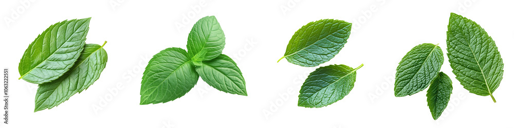 Set of Mint big two leaves isolated on a transparent background cutout, PNG file Set of Mint big two leaves isolated on a transparent background cutout, PNG file