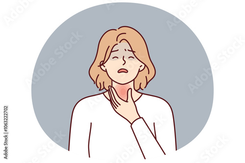 Woman is experiencing thyroid pain associated with hypothyroidism or cancer of endocrine system and puts hand on red neck. Thyroid disease requiring treatment and therapy or surgery