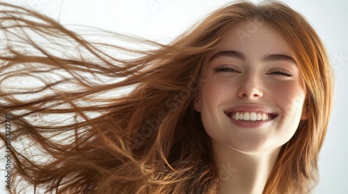 Beautiful smiling woman with long hair flying in the wind on white background.