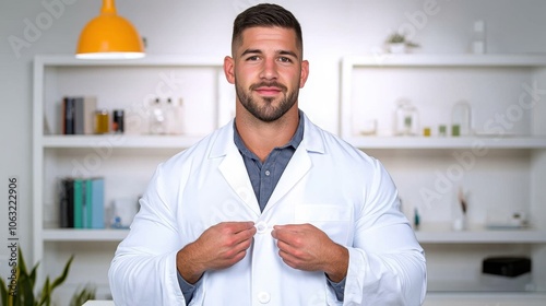 Confident Doctor in White Lab Coat Buttoning Up in Modern Office photo