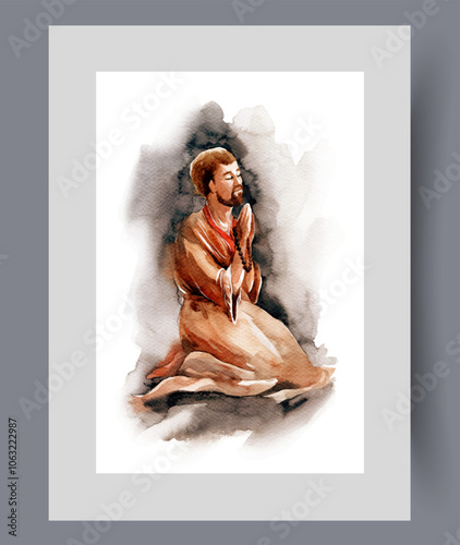 Praying man kneeling in temple and making prayer gesture on print. Watercolor poster. Artwork with praying believer guy who needs faith to fight difficulties, in frame with decor for wall art