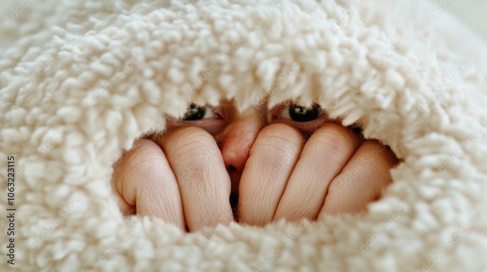 Cozy face peeking through a fluffy blanket, eyes wide with curiosity, AI Cozy face peeking through a fluffy blanket, eyes wide with curiosity, AI