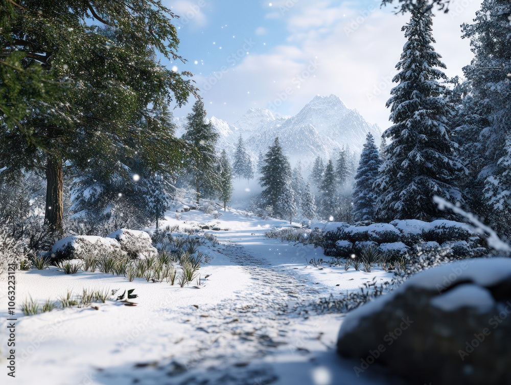A serene winter landscape shows a snow-covered path winding through a pine forest, with towering mountains visible in the background under a bright blue sky. A serene winter landscape shows a snow-covered path winding through a pine forest, with towering mountains visible in the background under a bright blue sky.