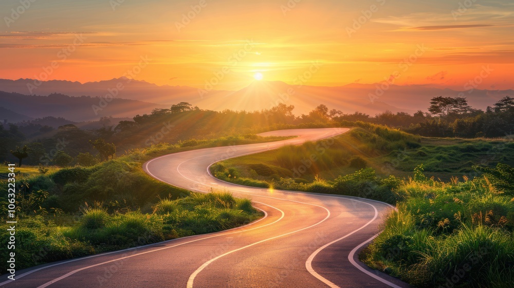 Bright sunrise illuminating a winding road, symbolizing the start of a new path Bright sunrise illuminating a winding road, symbolizing the start of a new path